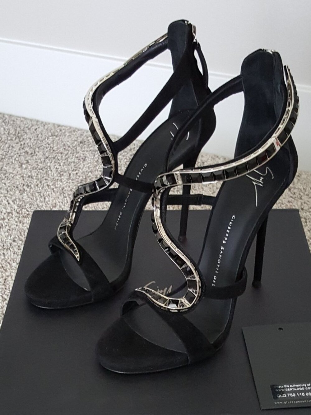 Giuseppe Zanotti Black Suede Venere Crystal Open Toe Heel Stiletto Alien Sandal
